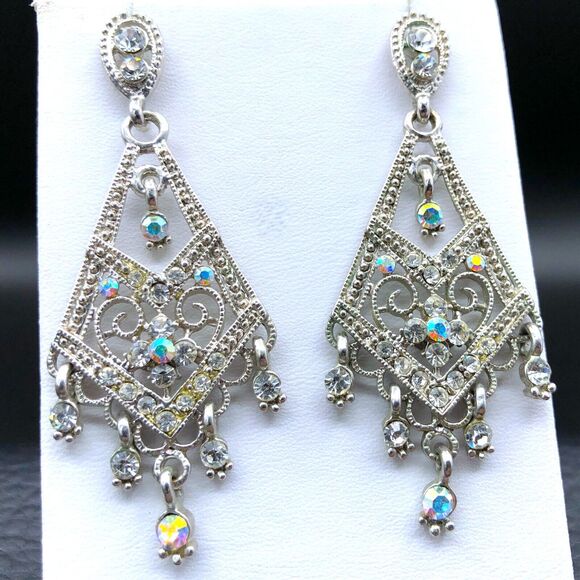 Kirks Folly Earrings AB Crystal Aurora Borealis Silver Tone Art Deco Chandeliers